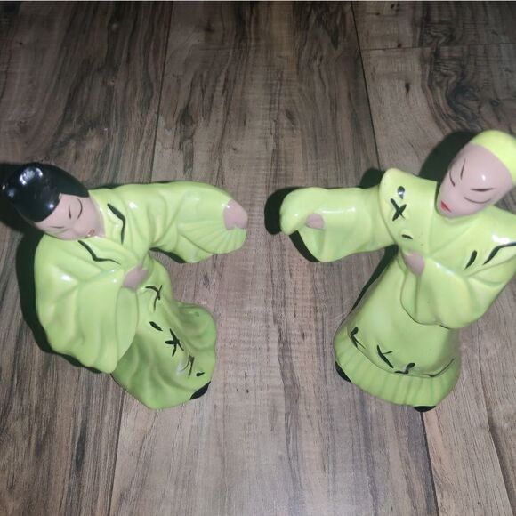 Vintage Asian Ceramic Couple Figurines Green - Picture 3 of 11